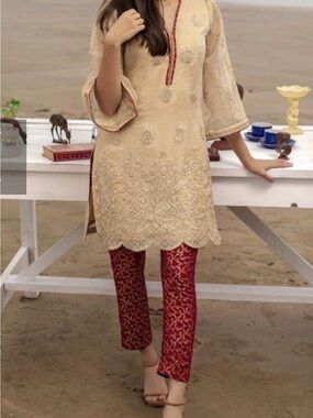 Embroidered Cream Tunic with Red Patterned Pants